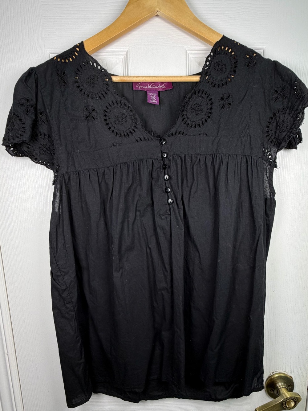 Gloria Vanderbilt Black Eyelet Peasant Blouse L 100% Cotton Boho Cottagecore